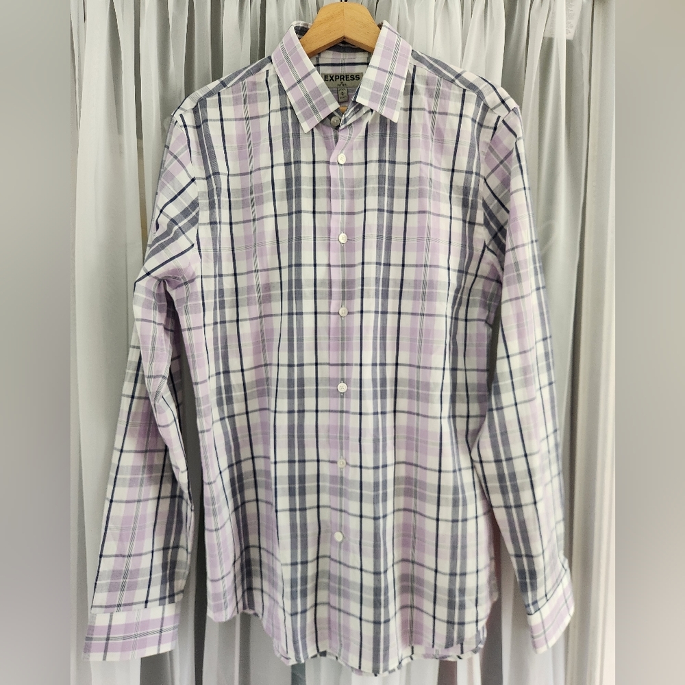 NWT! Express fitted lavender plaid button-up shirt, men's M (15-15.5)